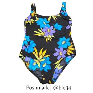 Inches Away Floral Blue Purple & Black Slimming One Piece Swimsuit